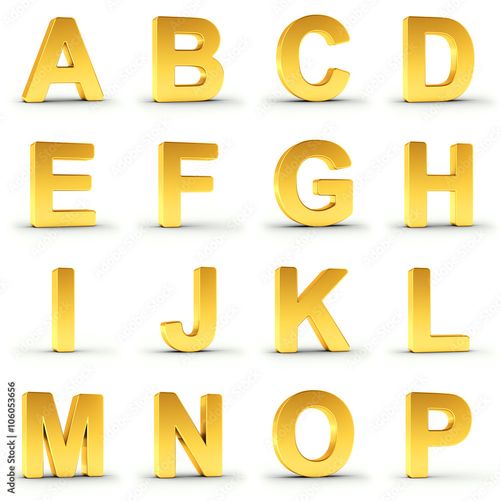 Fototapete set of golden alphabet from a to p over white background with clipping paths