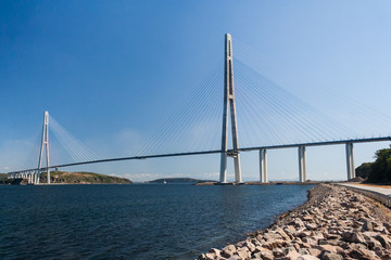 Suspension Russkiy Bridge seen from Russkiy island in Vladivostok,  Russia