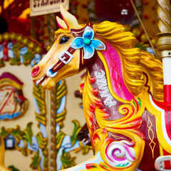 yellow red horse attraction painted carousel leisure for the kid