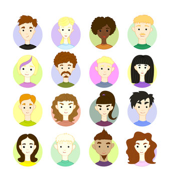 Set 16 vector freehand drawing images different people's faces