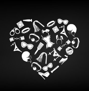 Sex toys BDSM set heart form, vector illustration