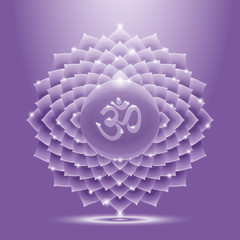 Vector illustration sahasrara with om mantra. Chakra glossy icon. The concept of violet crown chakra for design at India stile.