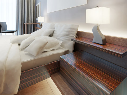 Modern Wooden Bedside Nightstand In The Form Of Shelves.