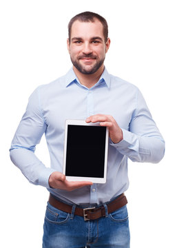 Businessman in blue shirt with tablet computer