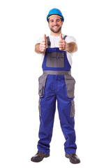 Naklejka premium Manual worker makes a gesture thumbs up