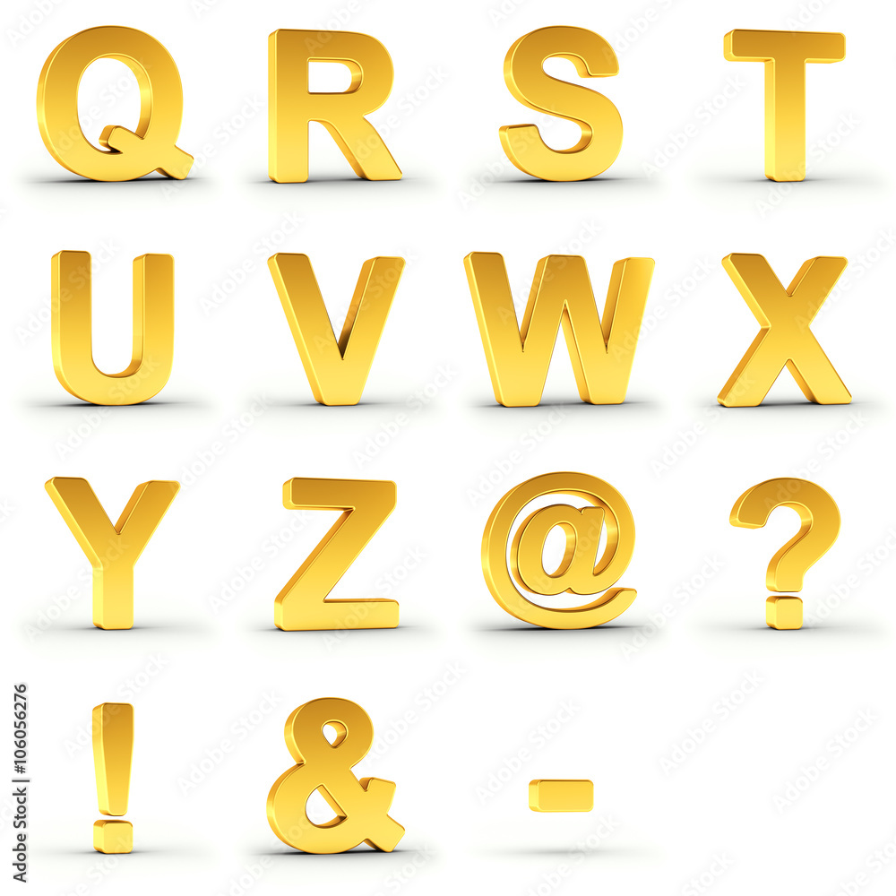 Fototapete set of golden alphabet from q to z over white background with clipping paths