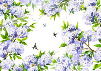 Watercolor spring background with blooming branches and flying s