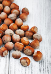 hazelnuts on a wooden table