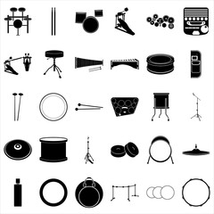 Drums and drummer equipment elements simple icons set