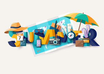 Summer holiday illustration with lettering. Typographic poster.