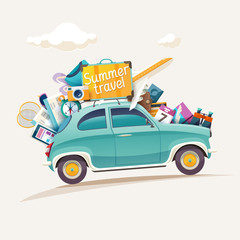 Obraz na płótnie Canvas Travel summer illustration with retro car.