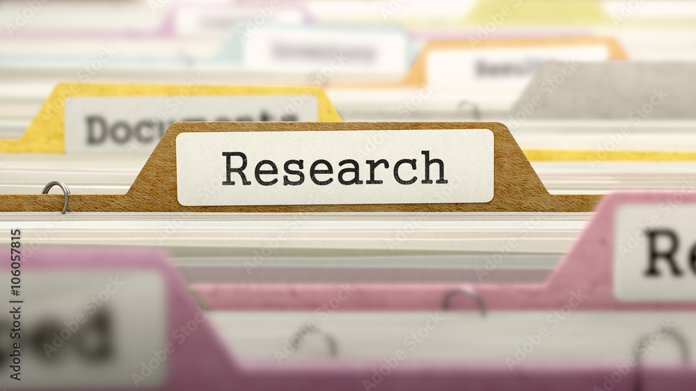 Poster research on business folder in multicolor card index. closeup view. blurred image. 3d render.