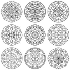 Set of 9 mandala in black and white.