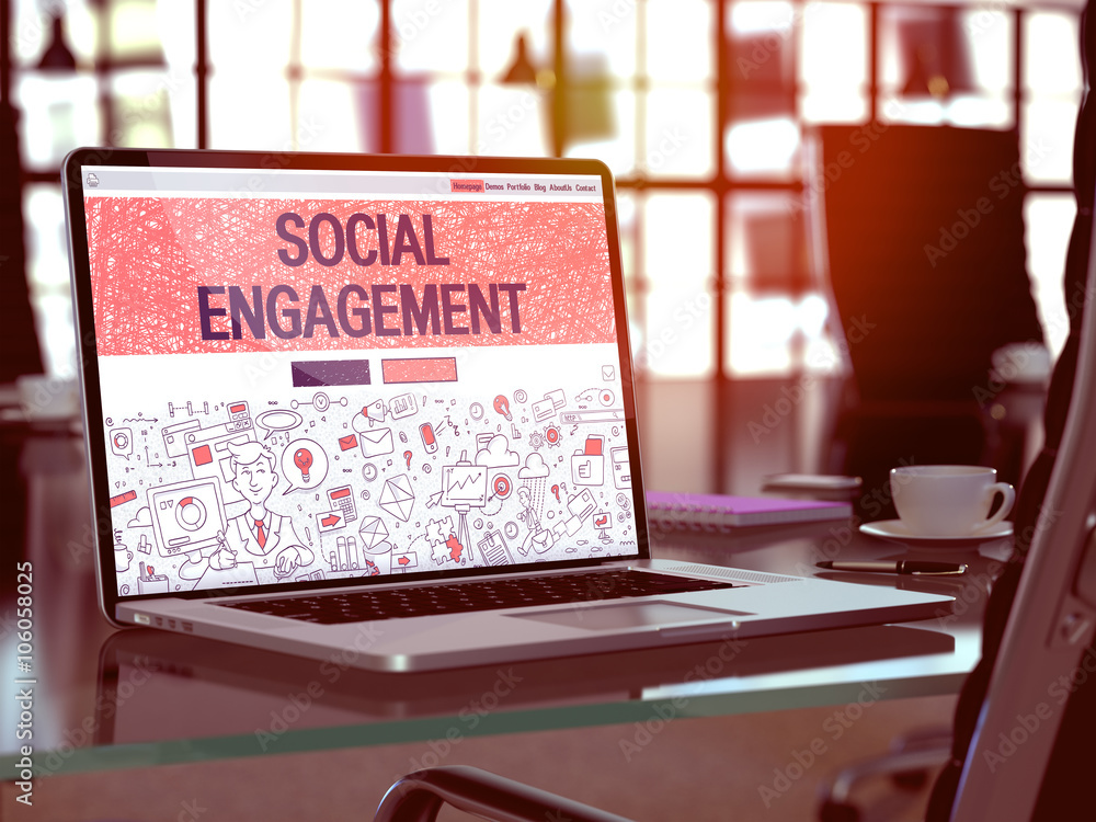Poster modern workplace with laptop showing landing page in doodle design style with text social engagement