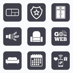 Furniture icons. Sofa, cupboard, and book shelf.