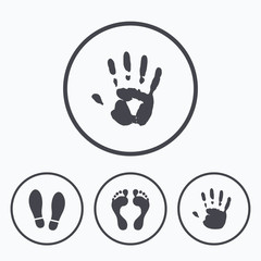 Hand and foot print icons. Imprint shoes symbol.