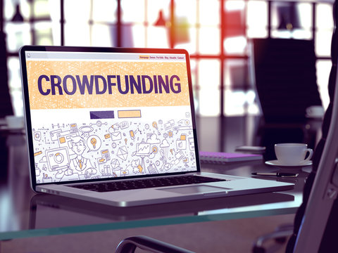 Crowdfunding Concept. Closeup Landing Page on Laptop Screen in Doodle Design Style. On Background of Comfortable Working Place in Modern Office. Blurred, Toned Image. 3D Render.
