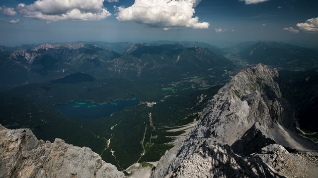 View from the Zugspitze peak on Garmisch-Partenkirchen and Eibsee 4k time-lapse