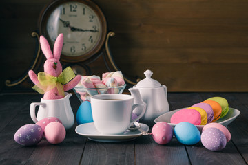 Easter kid breakfst with colored macaroon