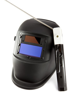 Protective Welder Mask, Electrode And Gloves On A White Background