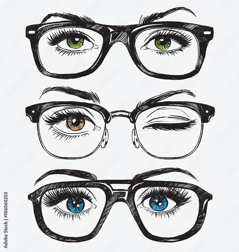 Wall mural set of hand drawn women's eyes with hipster glasses