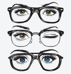 Set of hand drawn women's eyes with hipster glasses - 106060253