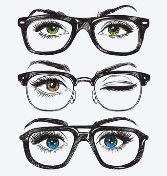Set Of Hand Drawn Women's Eyes With Hipster Glasses