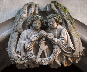 Closeup of statue angels in the ruins of Heidelberg Castle, Baden-Wurttemberg, Germany