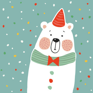 Cute polar bear with party hat and paper. confetti, kids poster or birthday greeting card, vector illustration
