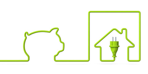 Green power plug house with a piggy bank