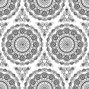 Background seamless pattern with black and white mehndi seamless lace buta decoration items on white background.