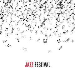 Abstract musical frame and border with black notes on white background.