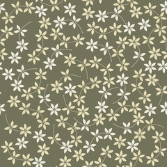 Spring seamless pattern with decorative flowers and leaves on gr