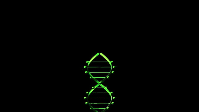 Wide shot of green, spiraling 3D DNA Helix on black.