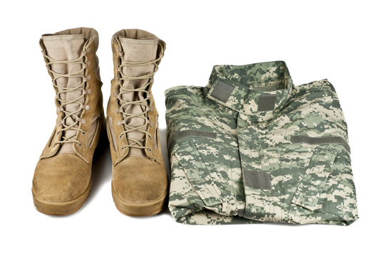 army boots and combat shirt isolated on white background