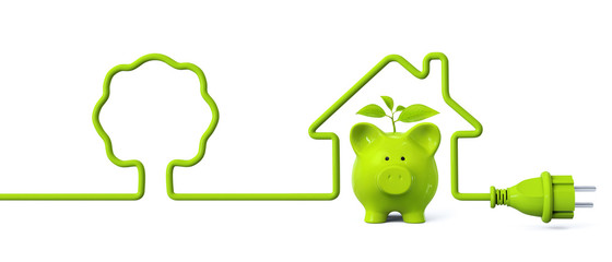 Green power plug - tree - house with green piggy bank and plant