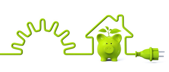 Green power plug - solar energy - house with green piggy bank and plant