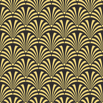 Seamless antique palette black and gold luxury art deco peacock textile pattern vector
