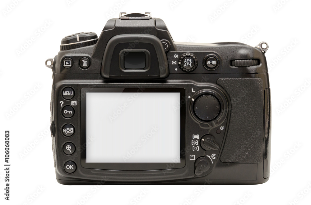 Poster isolated camera in hands. isolated white screen for mockup.