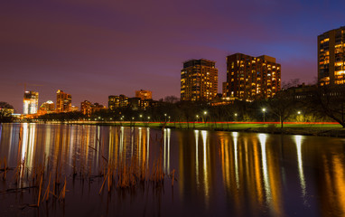 Naklejka na ściany i meble Milwaukee Wisconsin view from Veterans park Clear Night Sky reflection