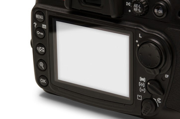 Isolated camera in hands. Isolated white screen for mockup.