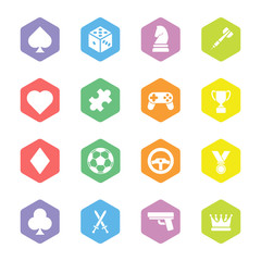 colorful flat game icon set on hexagon for web design, user interface (UI), infographic and mobile application (apps)