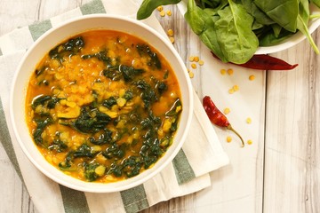 Dal Indian lentil curry soup with spinach