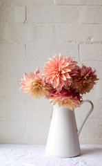 Coral pink dahlias in a white jug on a white tablecloth against a white brick wall (portrait) © Natalie Board