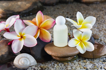 Fototapeta na wymiar Mini set of bubble bath shower gel liquid with flowers and pebbl