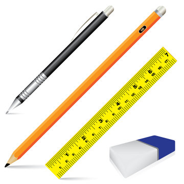 Pencil eraser ruler and pen isolated on white background. Vector object tool for office and school.