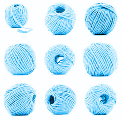Blue clew of braided rope collection isolated on white background