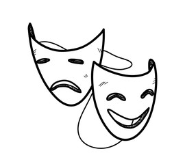 Happy and Sad Mask Doodle, a hand drawn vector doodle illustration of happy and sad expression opera masks.