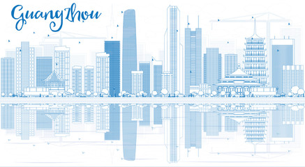 Outline Guangzhou Skyline with Blue Buildings and Reflections.