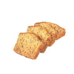 Homemade banana bread sliced on white background